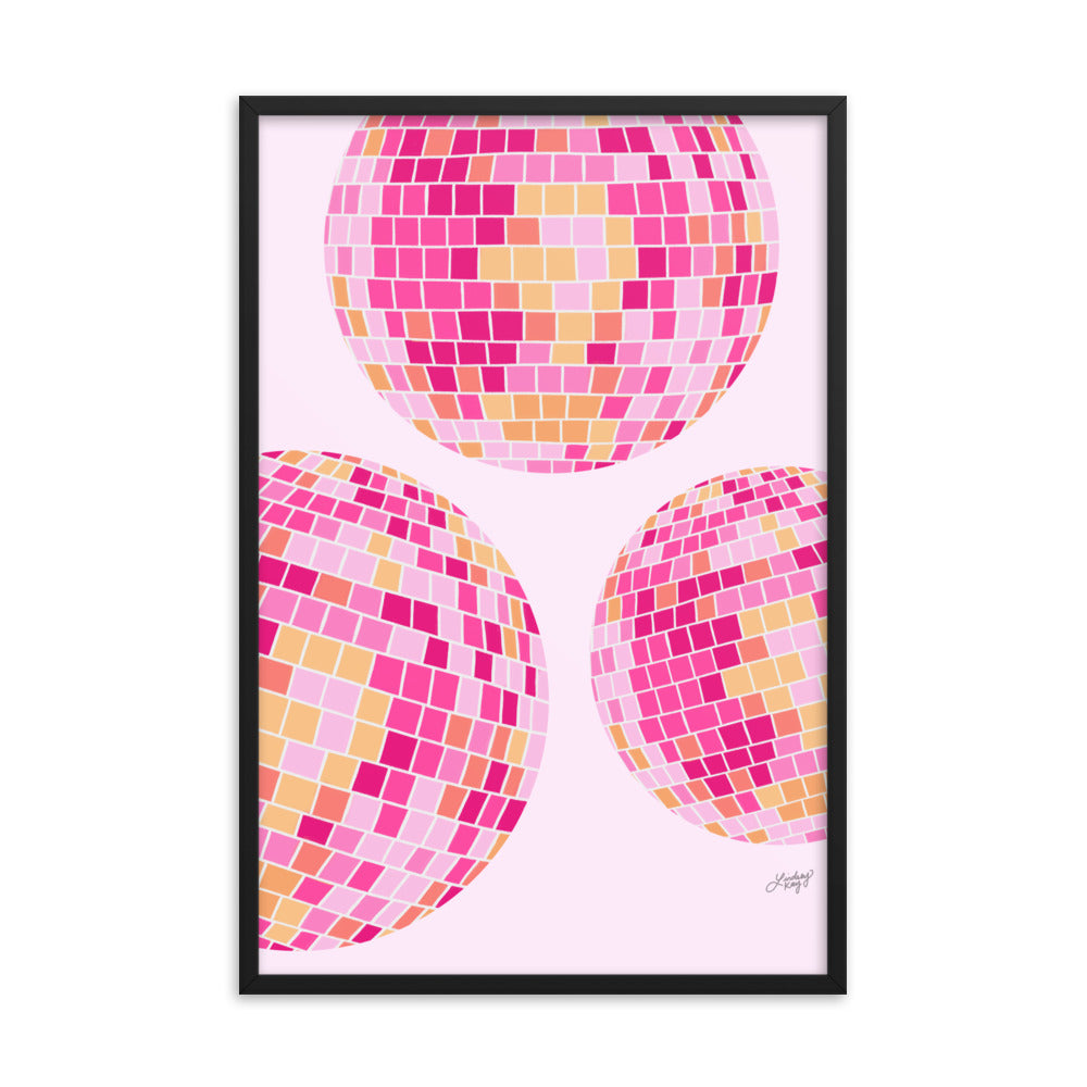 Ilustración de bolas de discoteca (paleta rosa/amarilla) - Impresión mate enmarcada